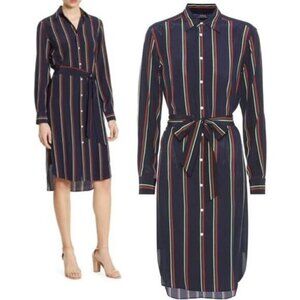 Polo Ralph Lauren Navy Blue Striped 100% SILK Belted Shirtdress - Size 4